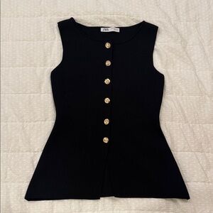 Zara Black Sleeveless Blouse with Gold Buttons